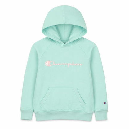 Front view of Champion girls’ aqua blue pullover hoodie small - embroidered logo, fleece lined
