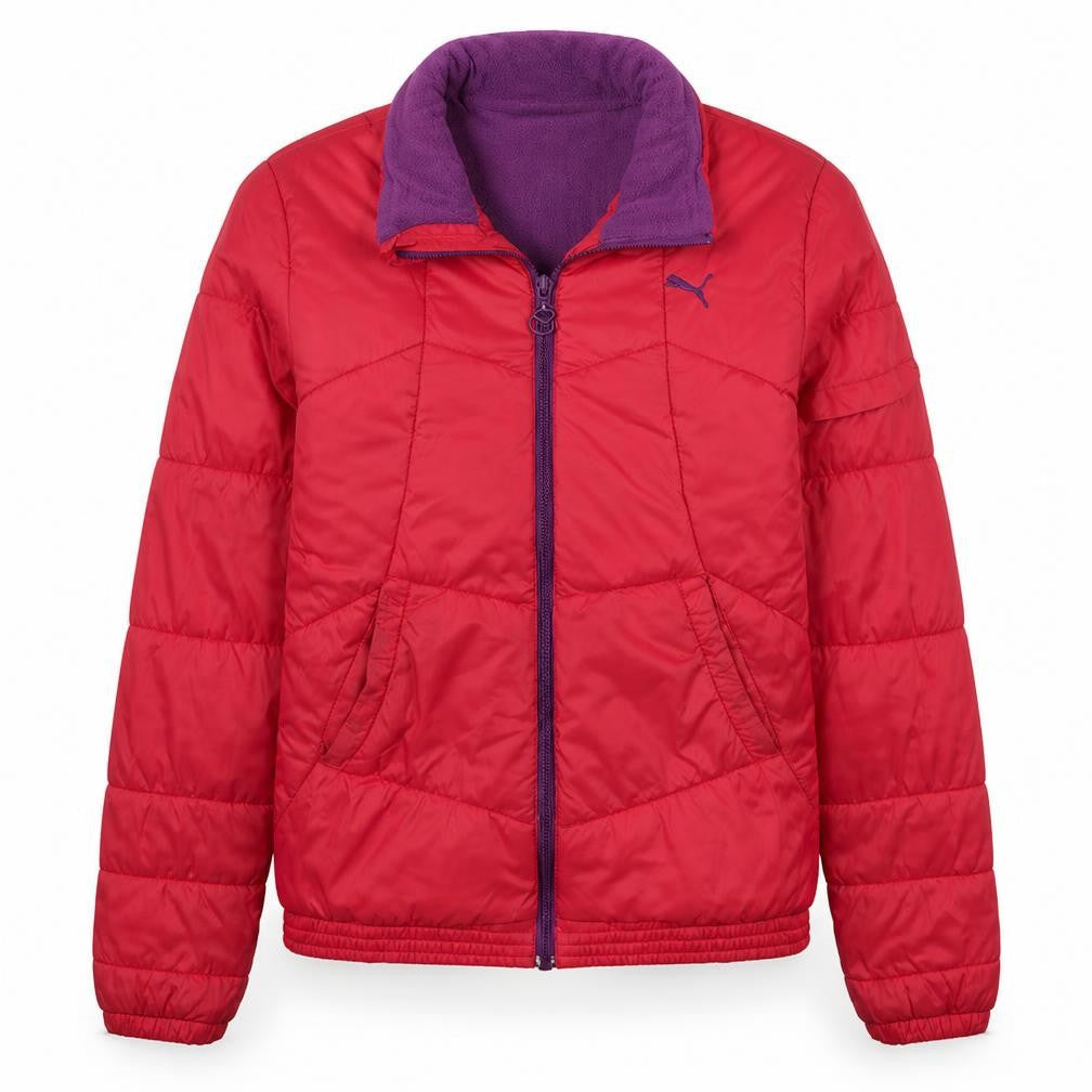 Front view of Puma girls’ red puffer jacket, size 14, xl quilted hoodless winter coat