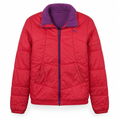 Front view of Puma girls’ red puffer jacket, size 14, xl quilted hoodless winter coat