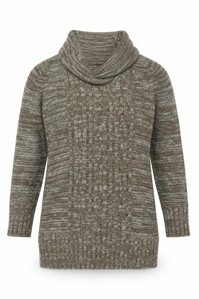 Front view of Papaya Women’s Brown Cowl Neck Cable-Knit Jumper, size UK 12, Acrylic Knitwear