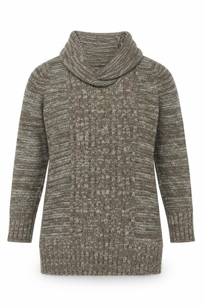 Front view of Papaya Women’s Brown Cowl Neck Cable-Knit Jumper, size UK 12, Acrylic Knitwear
