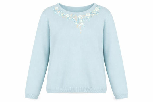 Front view of Honor Millburn Women's Blue Floral Embroidered Knit Jumper L 18-20