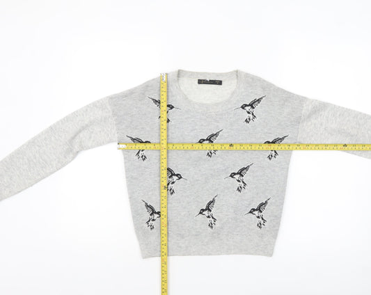La Chapelle Women’s Grey Bird Print Crew Neck Jumper Size 8
