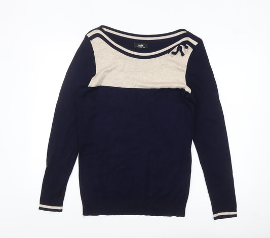 Wallis Women’s Blue Beige Boat Neck Bow Pullover Jumper Size 14