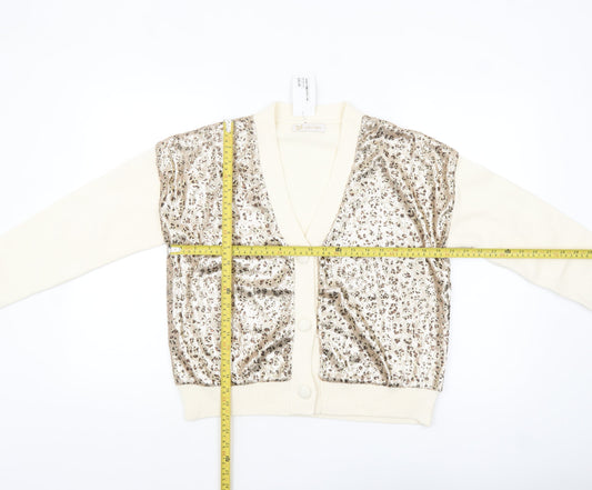 Lamia Womens Beige Sequin Animal Print V-Neck Cardigan One Size