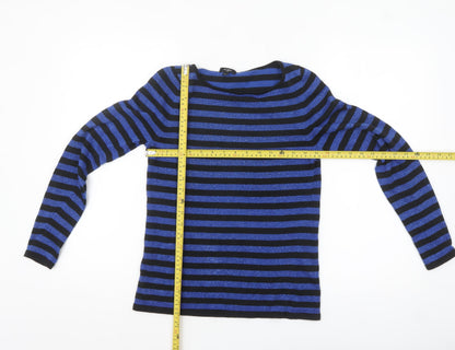 Hobbs Women’s Blue Black Striped Silk Blend Boat Neck Jumper Size 12