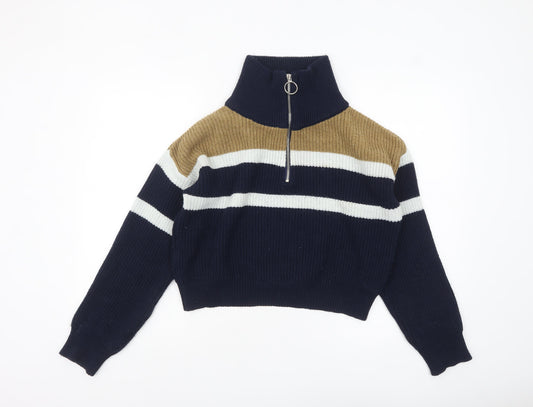 Urban Outfitters Women's Blue Striped Half Zip Chunky Knit Jumper Size S