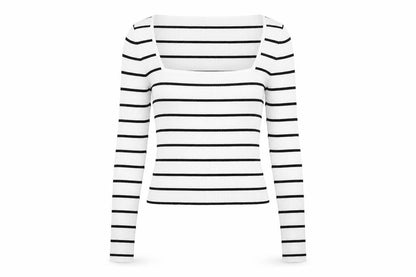 H&M Women’s White Black Striped Square Neck Ribbed Jumper XS
