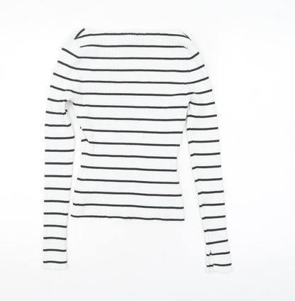 H&M Women’s White Black Striped Square Neck Ribbed Jumper XS