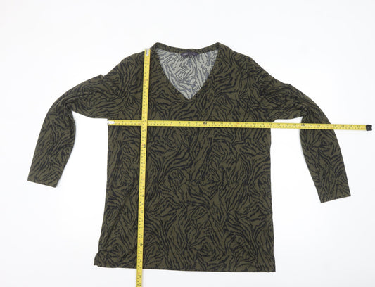 Marks and Spencer Women's Green Animal Print V-Neck Long Sleeve Top Size 12