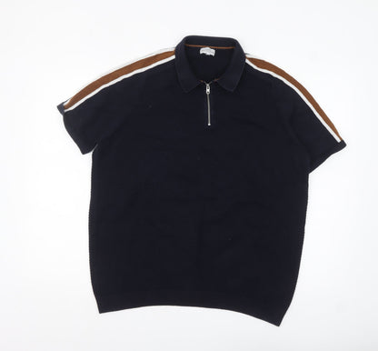 Next Men's Navy Short Sleeve Zip Polo Shirt XL Cotton