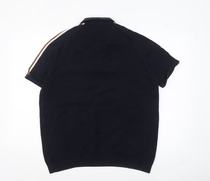 Next Men's Navy Short Sleeve Zip Polo Shirt XL Cotton