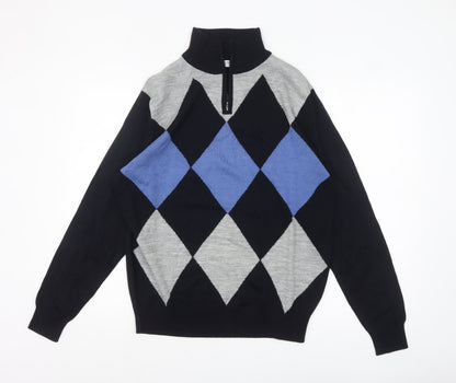 BONO BONO Uomo Men's XL Black Grey Blue Argyle 1/2 Zip Wool Jumper