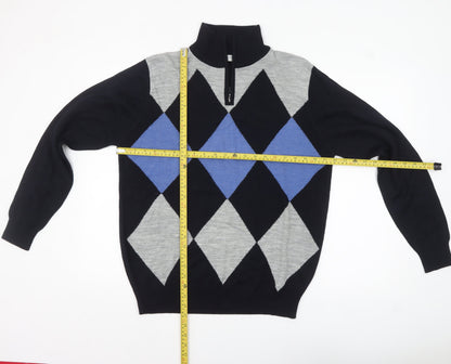 BONO BONO Uomo Men's XL Black Grey Blue Argyle 1/2 Zip Wool Jumper