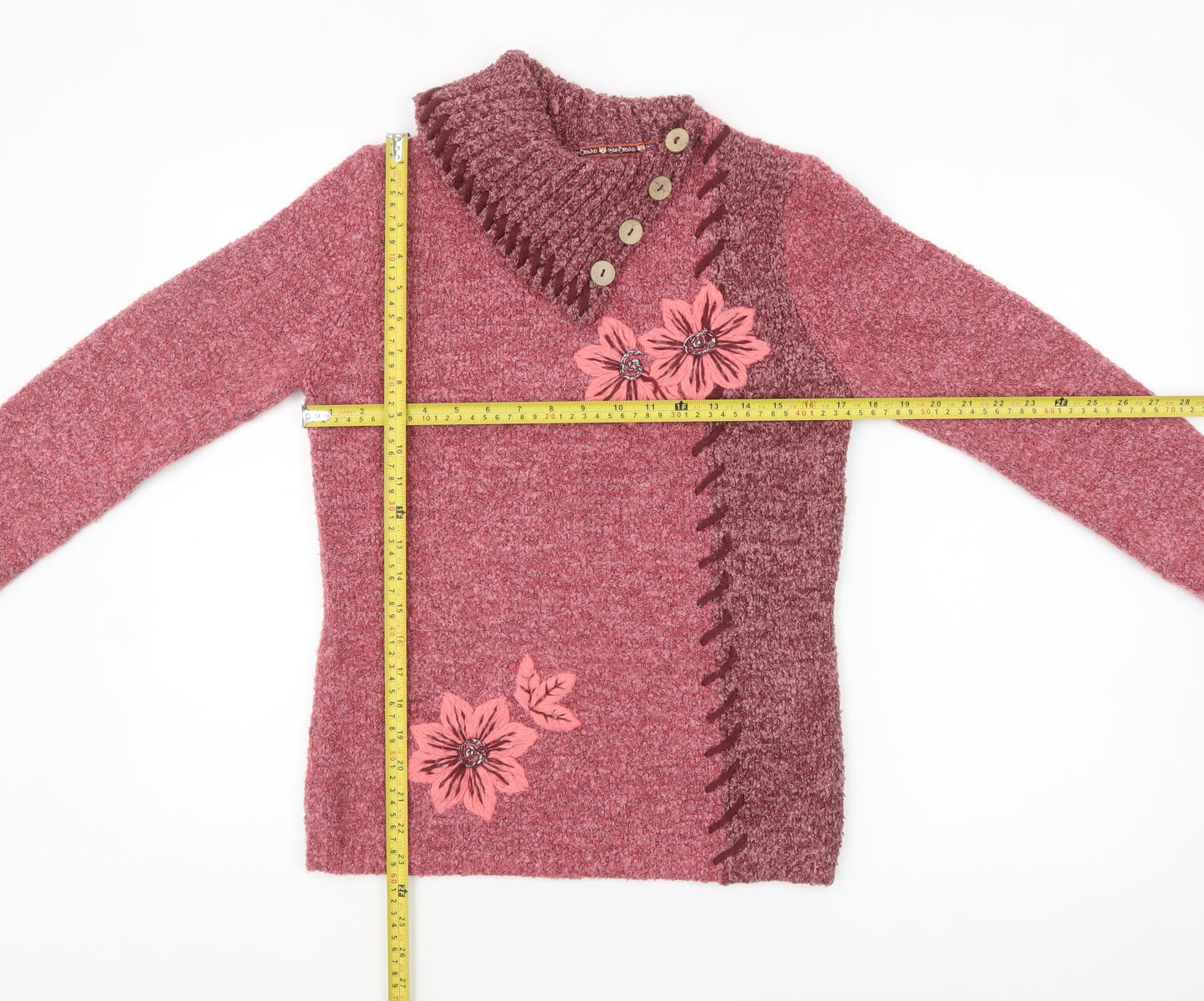 Joe Browns Women Pink Floral High Neck Chunky Knit Jumper UK 10