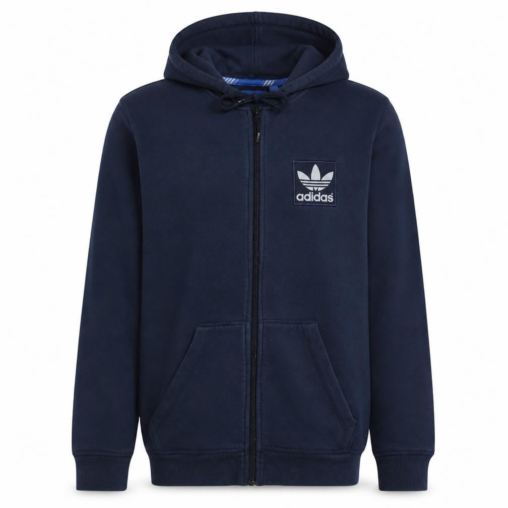 Front view of Adidas Men’s Blue Full Zip Hoodie, size S, Fleece Logo Sweatshirt