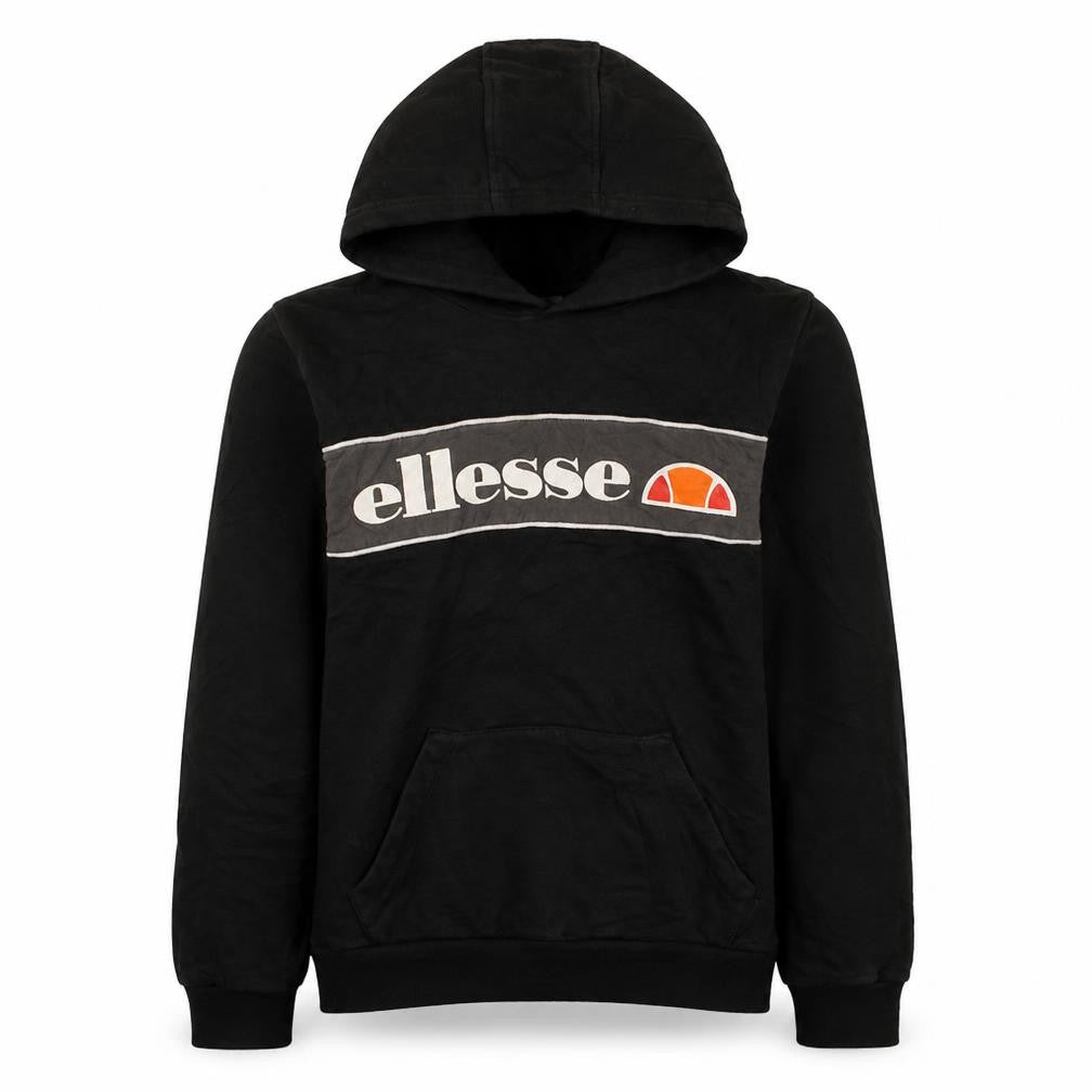 Front view of Ellesse boys’ black pullover hoodie 13-14 years logo graphic fleece