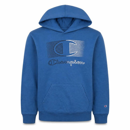 Front view of Champion boys’ blue pullover hoodie, size 14-16, cotton blend logo sweatshirt