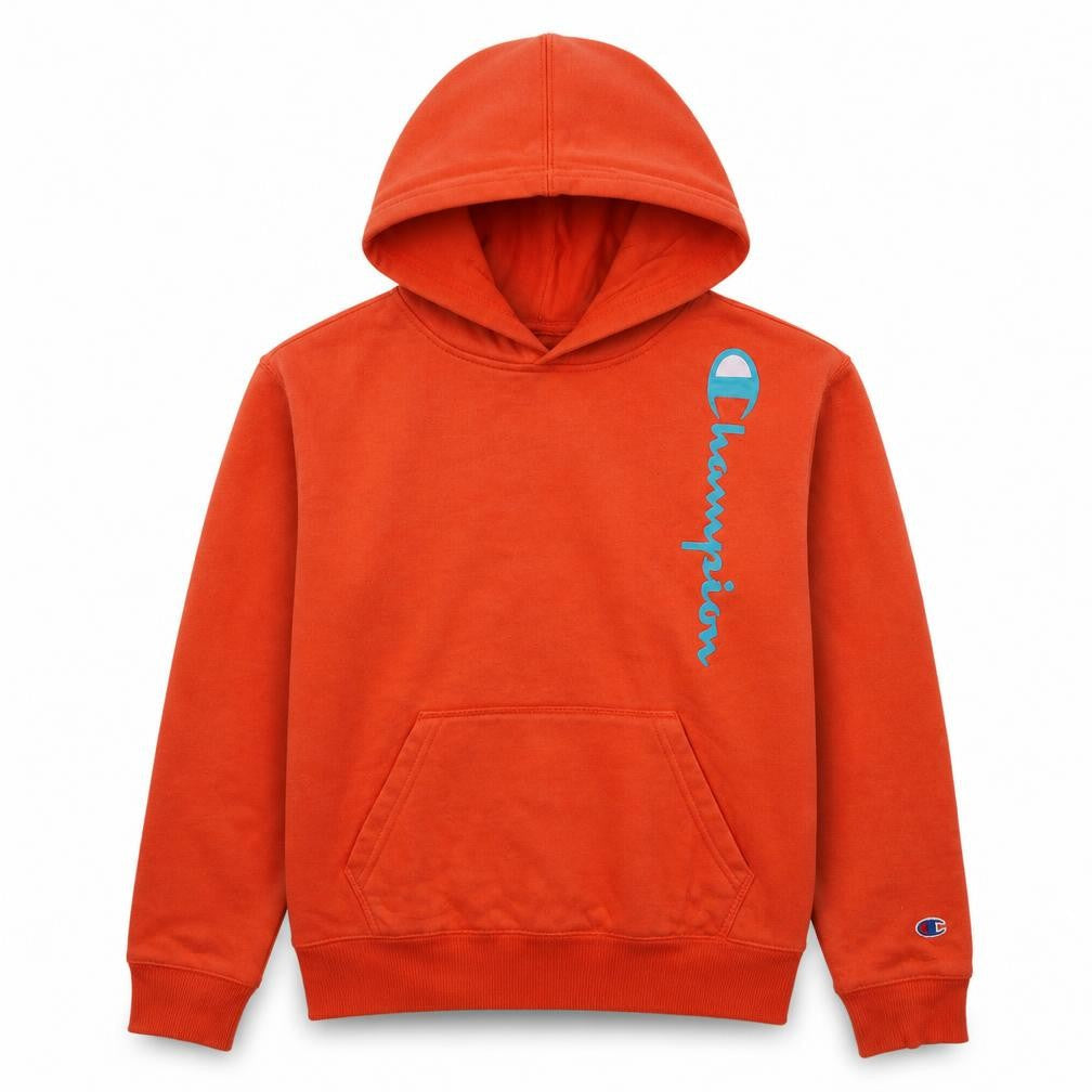Front view of Champion boys’ orange pullover hoodie, size L, cotton blend fleece sweatshirt