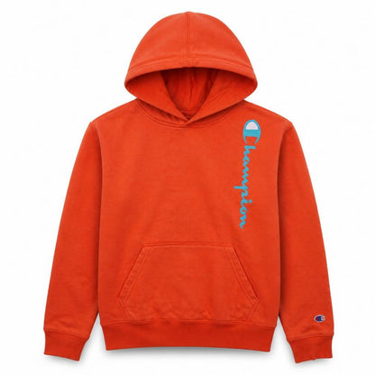 Front view of Champion boys’ orange pullover hoodie, size L, cotton blend fleece sweatshirt