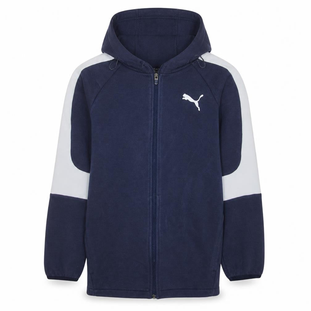 Front view of Puma Men Blue Full Zip Hoodie, size L, Sports Fleece Sweatshirt