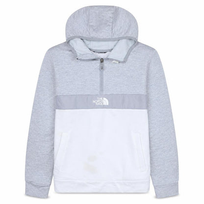 Front view of The North Face boys’ grey xl pullover fleece hoodie with logo and zip