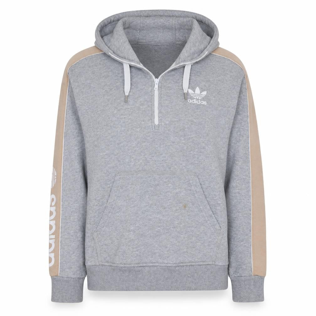 Front view of Adidas women’s grey beige 1/2 zip hoodie, size UK 12, relaxed fit
