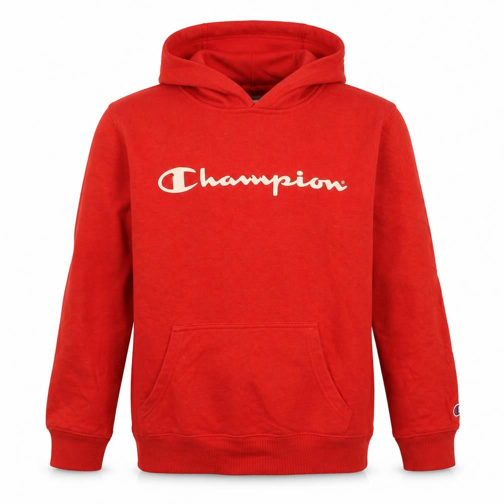 Front view of Champion boys’ red pullover hoodie 12 years fleece logo sweatshirt