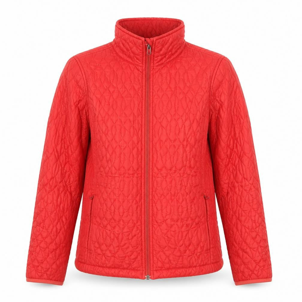 Front view of Lands’ End Women’s Red Quilted Mid-Length Jacket, size S