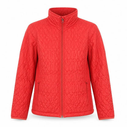 Front view of Lands’ End Women’s Red Quilted Mid-Length Jacket, size S