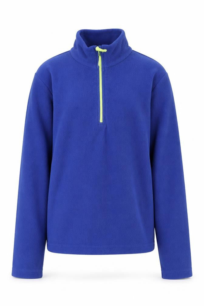 Front view of Mountain Warehouse girls’ blue fleece 1/4 zip activewear jacket 11 years