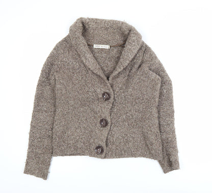 EWM Women’s Brown Collared Chunky Knit Wool Blend Cardigan Size S 10-12