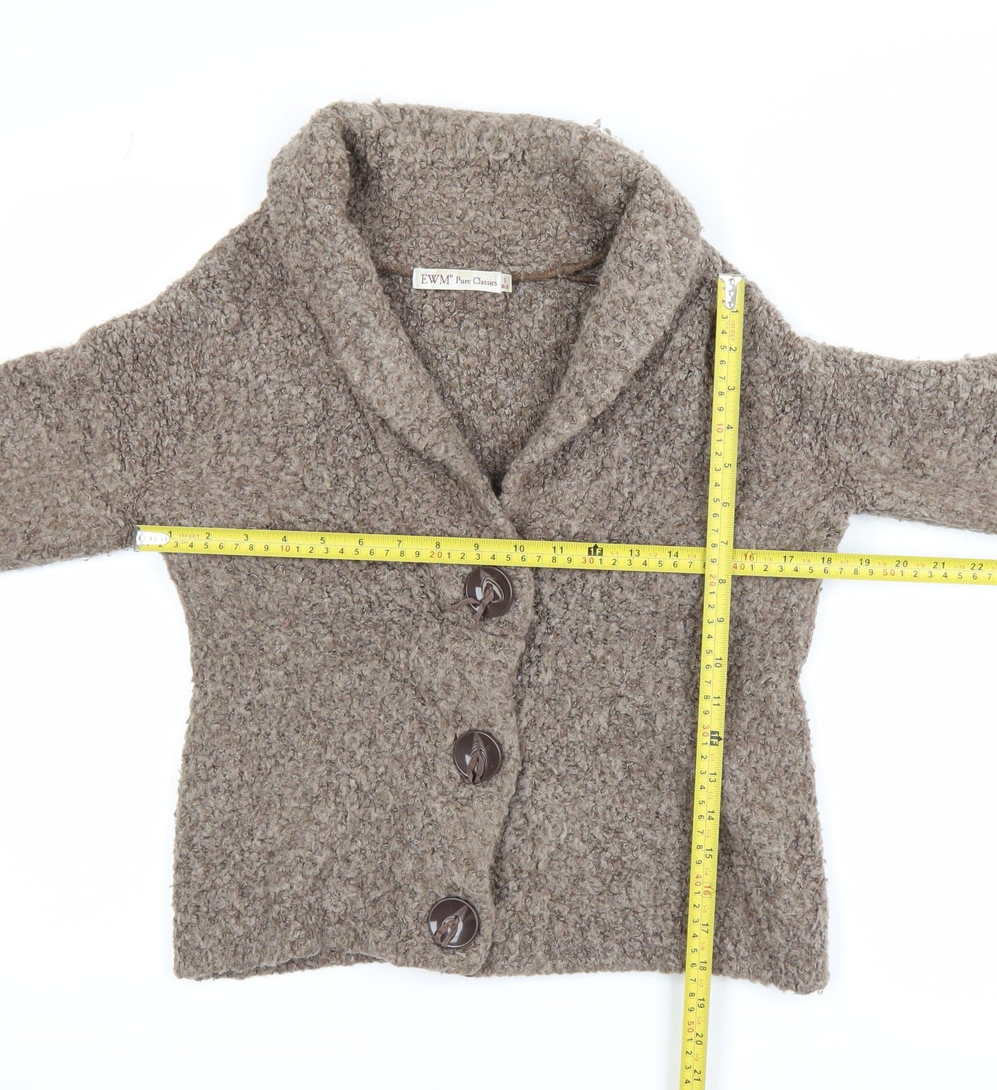 EWM Women’s Brown Collared Chunky Knit Wool Blend Cardigan Size S 10-12