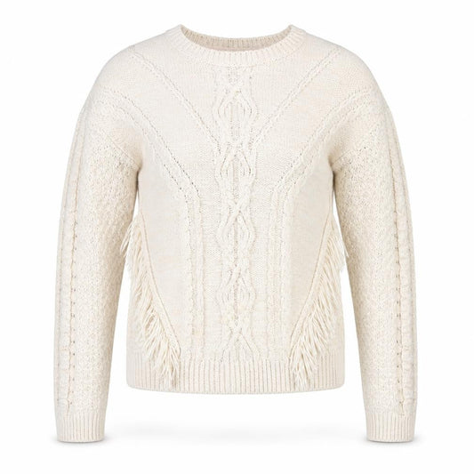 Front view of Miss Selfridge Women's Beige Cable-Knit Fringed Jumper, size 6