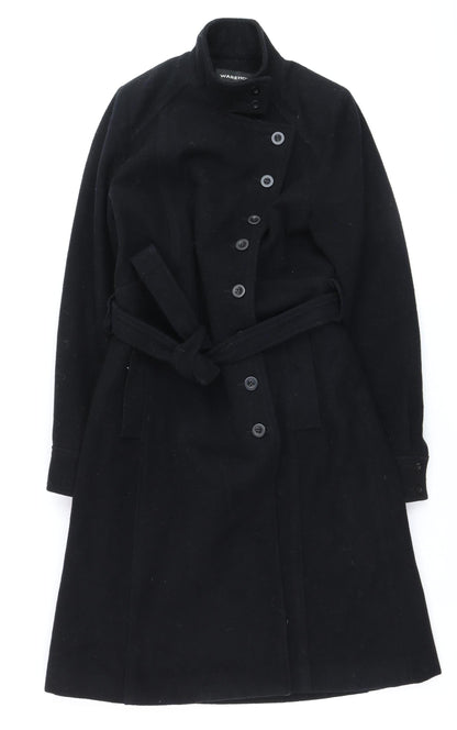 Warehouse Women’s Black Wool Trench Coat Size 12 Belted Long