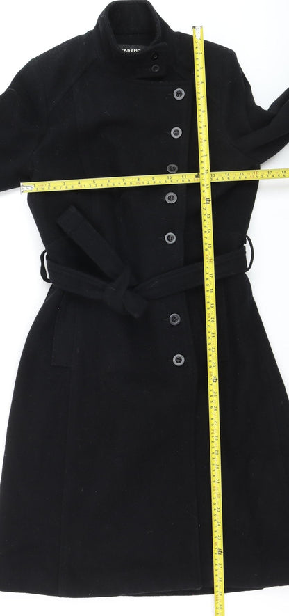 Warehouse Women’s Black Wool Trench Coat Size 12 Belted Long