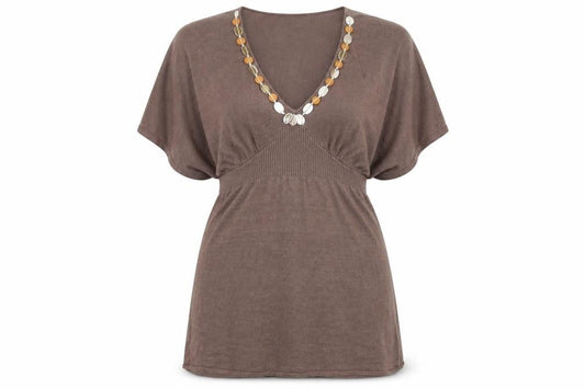 Front view of Principles women’s brown linen blend tunic top m v-neck short sleeve