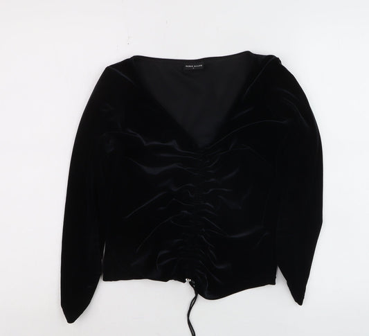 Karen Millen Women’s Black Velvet Long Sleeve V-Neck Blouse Size 14