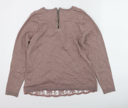 RJR John Rocha Women Brown Lace Knit Jumper Size 14 Crew Neck