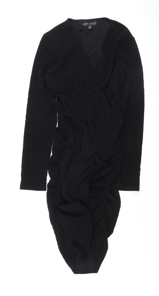 Mela London Women's Black Bodycon Ruched Dress Size 16