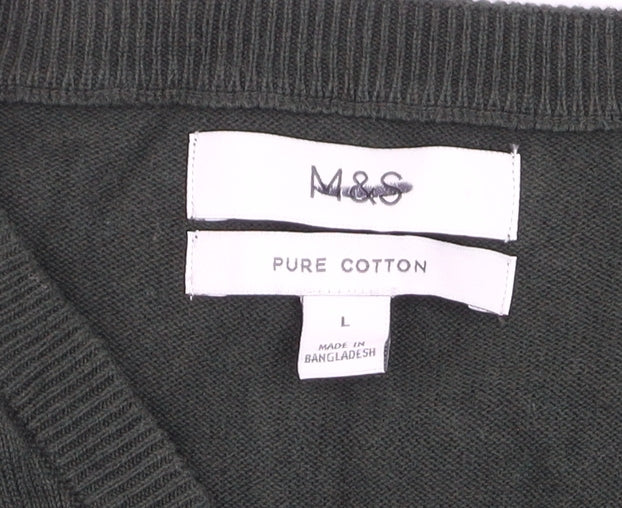 Marks and Spencer Men’s Green Cotton V-Neck Jumper L