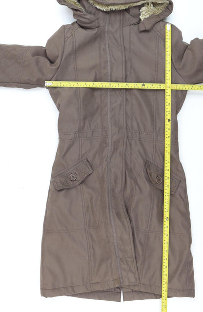 Peter Storm Women Brown Hooded Fur Trim Long Parka Coat Size 8