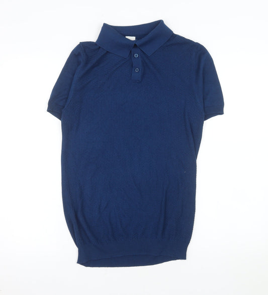 River Island Men's Blue Knit Short Sleeve Polo Shirt Size M