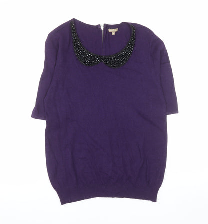 M&Co Boutique Women's Purple Beaded Collar Short Sleeve Top Size 16