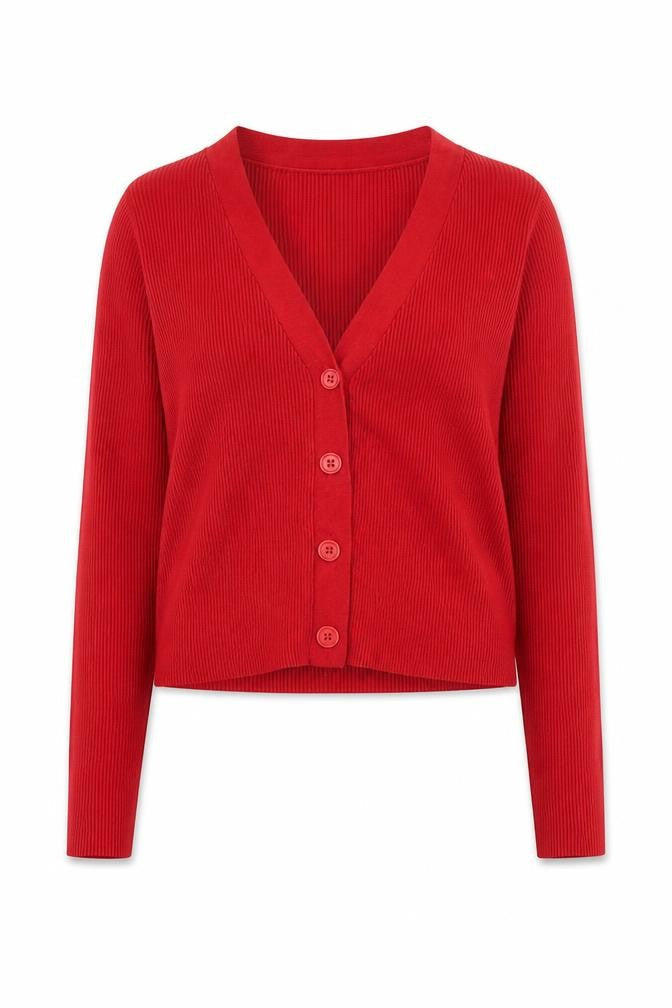 Stradivarius Women Red L Button V-Neck Slim Knit Cardigan