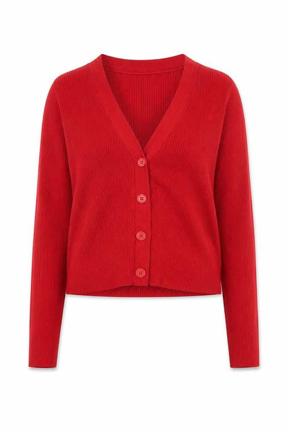 Stradivarius Women Red L Button V-Neck Slim Knit Cardigan