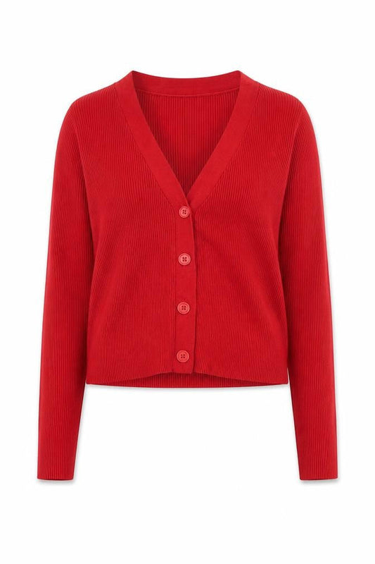 Stradivarius Women Red L Button V-Neck Slim Knit Cardigan