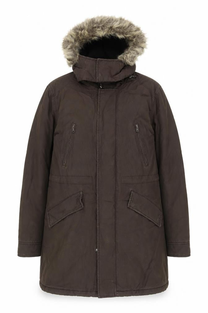 Zara Women Brown Fur Hooded Parka Coat Size 12 Long Winter Lined