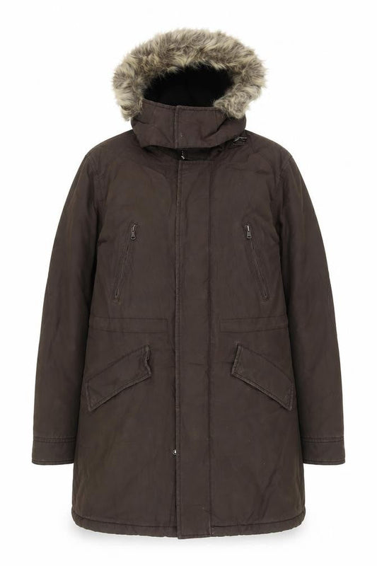 Zara Women Brown Fur Hooded Parka Coat Size 12 Long Winter Lined