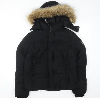 Jack Wills Women's Black Faux Fur Hooded Puffer Jacket UK 12